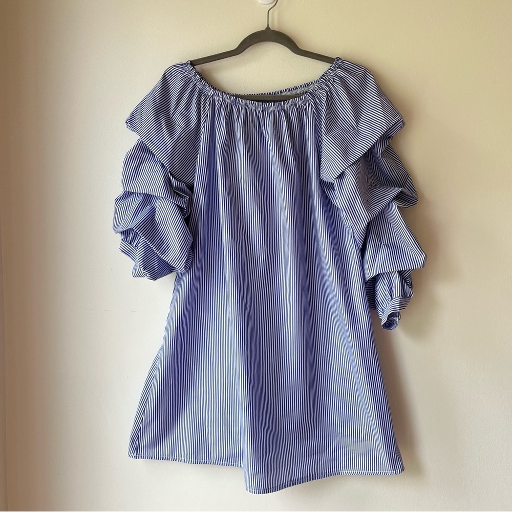 Ruffle Sleeve Off Shoulder mini dress Blue White Stripe Cotton Blend M - Picture 4 of 10